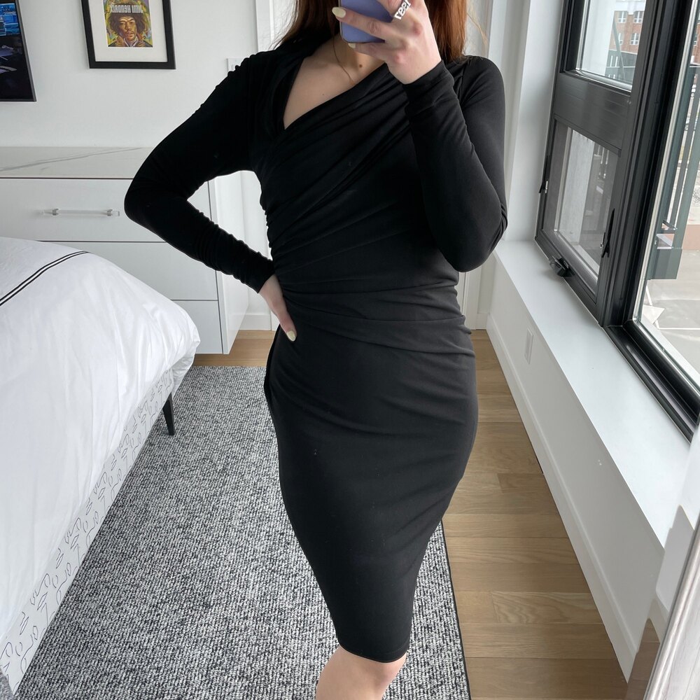 David Meister Asymmetrical Neck Sheath Dress Black 2 - Picture 4 of 7